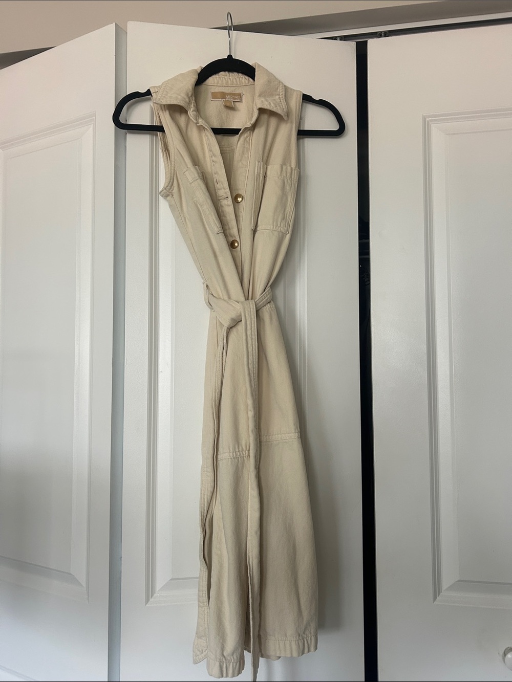Michael Kors Sleeveless Cream Shirt Maxi Dress with Tie Waist